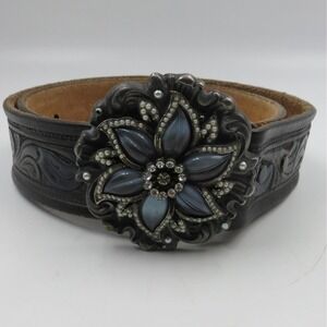 Beth Frank Belt Womens 36 Black Tooled Leather Western Rhinestone Buckle Floral